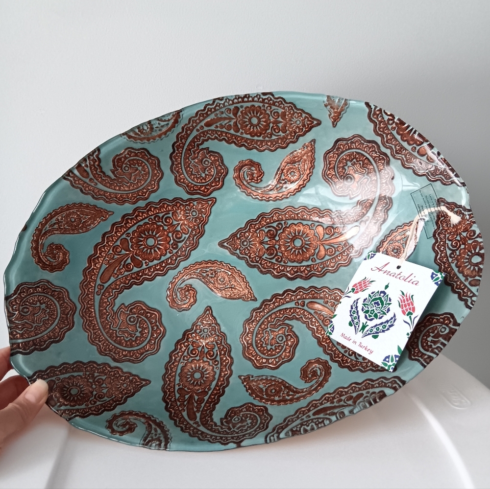 Anatolia Elongated Serving Bowl Copper Teal Blue Paisley Made in Turkey 14"